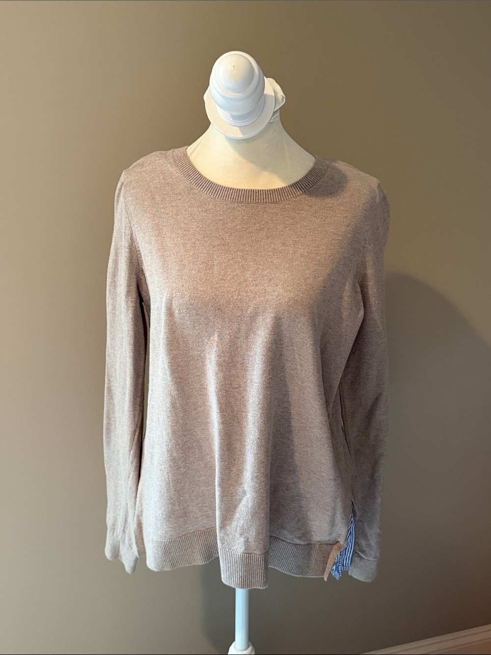 LOFT Tan Crewneck Lightweight Sweater with shirt detail in back - Like New